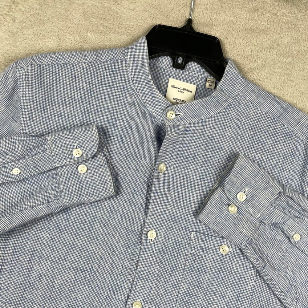 Murano Baird Mcnutt Shirt MensMedium Slim Fit Blue Linen Houndstooth Band Collar